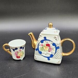 Imperial Porcelain Miniature White Floral Tea Set Gold Trim Teapot Cup 2pc